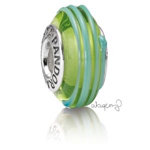 EUC Pandora 790615 Sterling Silver Green Murano Glass Ribbon Charm